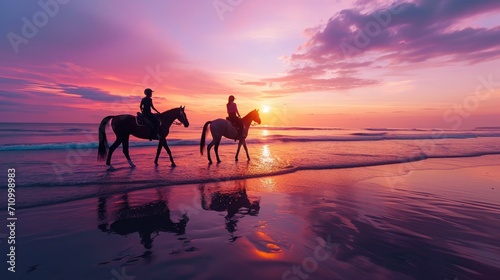 silhouette of people riding horses on the beach at sunset © buraratn