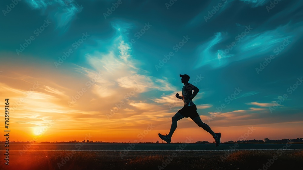 Silhouette of young man running sprinting on road. Fit runner fitness runner during outdoor workout with sunset background