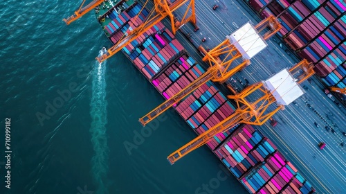 Aerial top view of Container ship loading and unloading, Cargo container in deep seaport for the international order. Transportation and travel concept