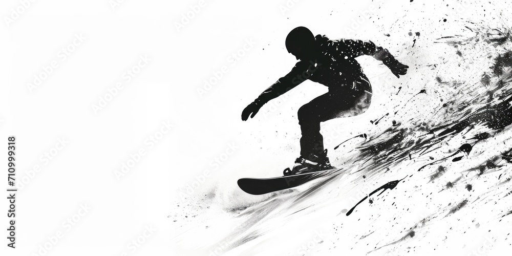Fototapeta premium A man riding a snowboard down a snow-covered slope. Perfect for winter sports enthusiasts and outdoor adventure themes
