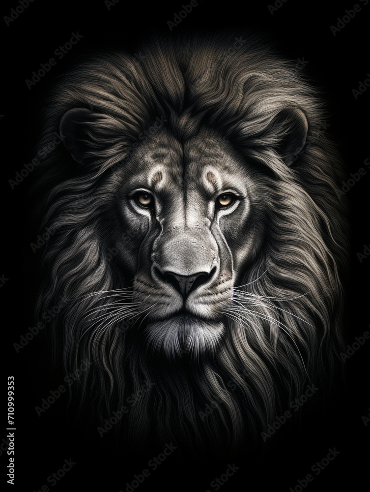 Naklejka premium T-shirt design, a realistic graphite pencil sketch of a lion's head, in the style of hyperrealism, intricate detailing of the lion's fur and expressive eyes created with Generative Ai