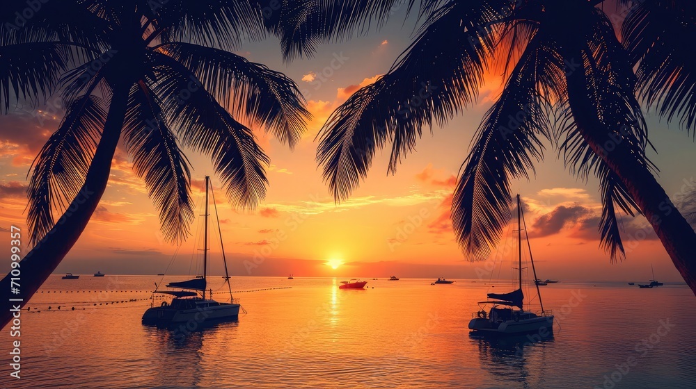 Silhouettes of palm trees with boats moored in the sea at dawn on background - obrazy, fototapety, plakaty 