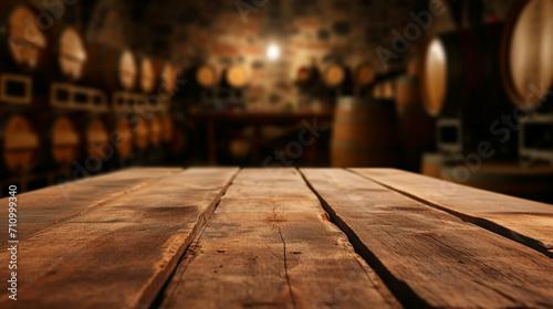 Empty wooden table and stage bar with bokeh lights. Wine Cellar. Wooden wine barrels. high quality photo