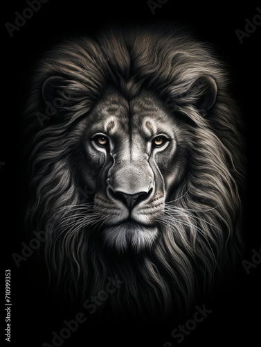 T-shirt design, a realistic graphite pencil sketch of a lion's head, in the style of hyperrealism, intricate detailing of the lion's fur and expressive eyes created with Generative Ai