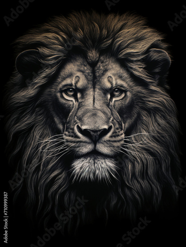 T-shirt design, a realistic graphite pencil sketch of a lion's head, in the style of hyperrealism, intricate detailing of the lion's fur and expressive eyes created with Generative Ai