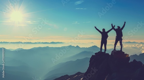 Silhouettes of two happy hikers in winner poses with raised arms are standing on mountain top