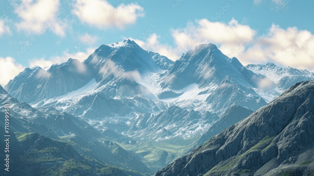 A stunning view of a mountain range with snow-covered peaks. Perfect for nature and adventure-themed designs