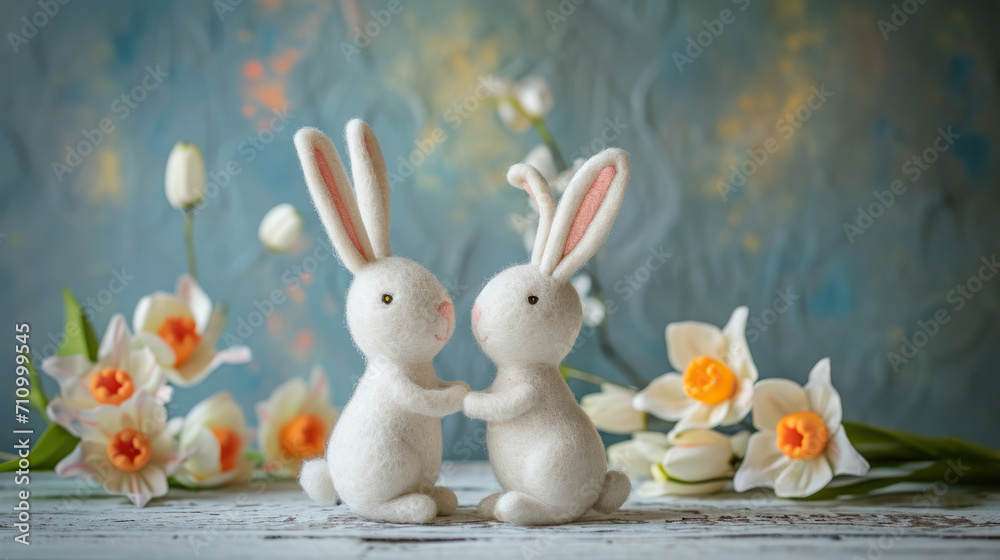 Two felt white bunnies kissing and holding hands on a spring decorated table. Soft colors, blurred blooms on background. Wool felted rabbits for cute, adorable scenery for Eastern card, or romance. Two felt white bunnies kissing and holding hands on a spring decorated table. Soft colors, blurred blooms on background. Wool felted rabbits for cute, adorable scenery for Eastern card, or romance.