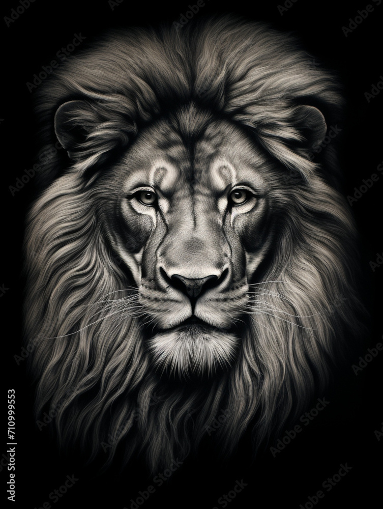 Fototapeta premium T-shirt design, a realistic graphite pencil sketch of a lion's head, in the style of hyperrealism, intricate detailing of the lion's fur and expressive eyes created with Generative Ai