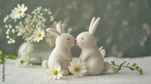 Two felt white bunnies kissing and holding hands on a spring decorated table. Soft colors, blurred blooms on background. Wool felted rabbits for cute, adorable scenery for Eastern card, or romance.
