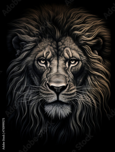 T-shirt design, a realistic graphite pencil sketch of a lion's head, in the style of hyperrealism, intricate detailing of the lion's fur and expressive eyes created with Generative Ai