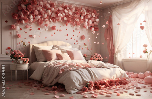 Vintage Bedroom Bliss Amongst Cascading Rose Petals, Valentine Ambiance with Roses and Heart Balloons , minimalistic, Realistic, , beautiful detailed , 8k photography, photorealistic , soft natural pe