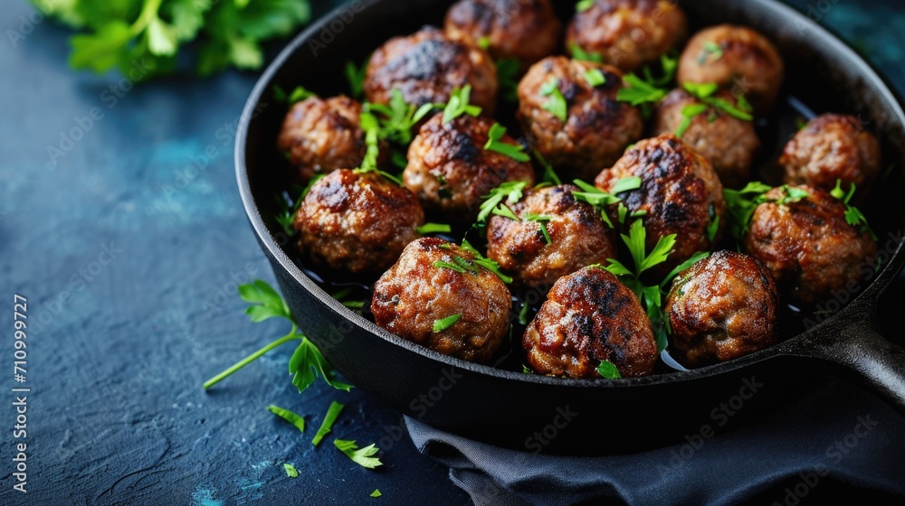 A pan filled with delicious meatballs covered in fresh parsley. Perfect for a hearty meal or as a tasty appetizer. A pan filled with delicious meatballs covered in fresh parsley. Perfect for a hearty meal or as a tasty appetizer.