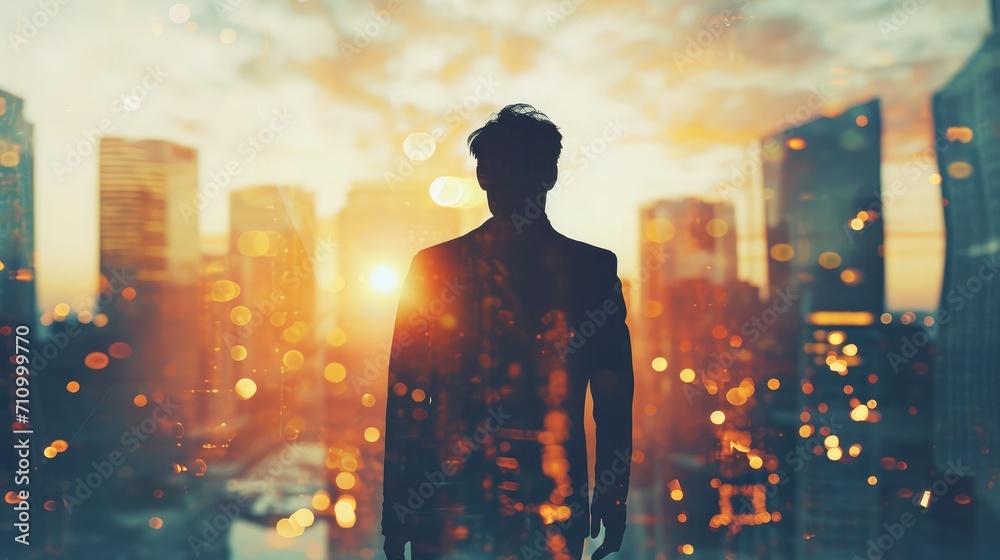 Double exposure concept with businessman silhouette. With special lighting effects Double exposure concept with businessman silhouette. With special lighting effects