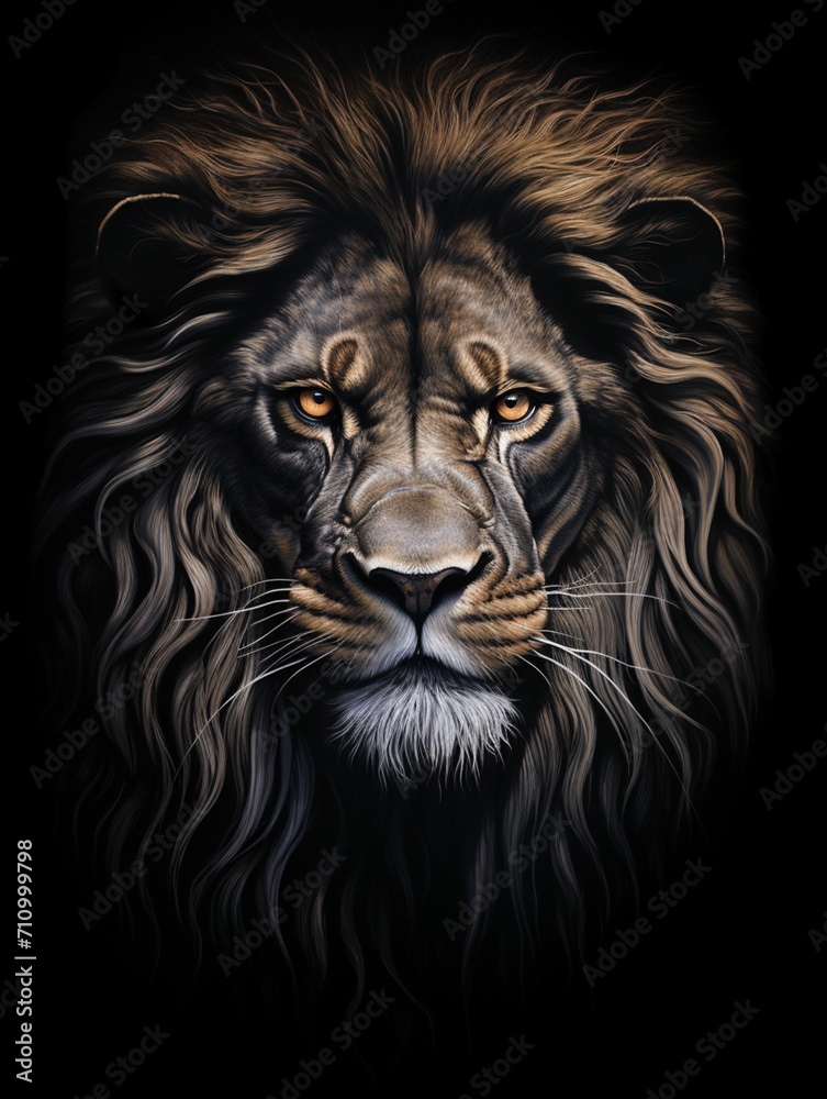 Obraz premium T-shirt design, a realistic graphite pencil sketch of a lion's head, in the style of hyperrealism, intricate detailing of the lion's fur and expressive eyes created with Generative Ai