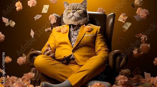 A rich cat wearing a yellow suit and floral shirt is sitting in a brown leather chair with money and flowers falling around him photo
