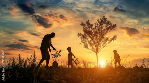 Happy family team planting tree in sun spring time. Farmer dad, mom child planting tree. Silhouette of family with tree at sunset. Family with shovel and watering can plants young trees sprout in soil