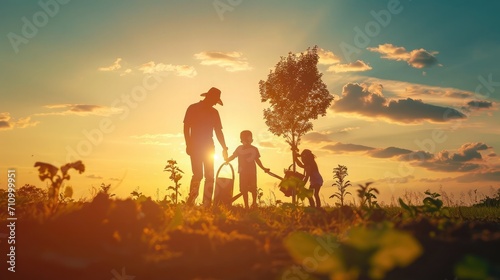 Happy family team planting tree in sun spring time. Farmer dad, mom child planting tree. Silhouette of family with tree at sunset. Family with shovel and watering can plants young trees sprout in soil photo