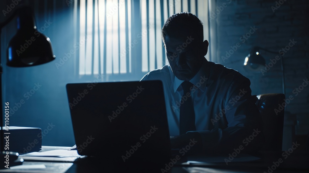 Medium silhouette shot of a detective, policeman sitting in the interrogation room, working on a laptop and studying the evidence. Medium silhouette shot of a detective, policeman sitting in the interrogation room, working on a laptop and studying the evidence.