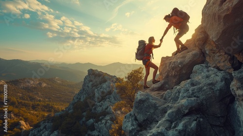 Male and female hikers climbing up mountain cliff and one of them giving helping hand. People helping and, team work concept. © buraratn