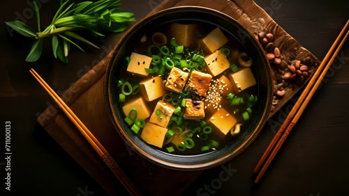 Bowl of miso soup with tofu and green onions on a wooden board with chopsticks top view. photo