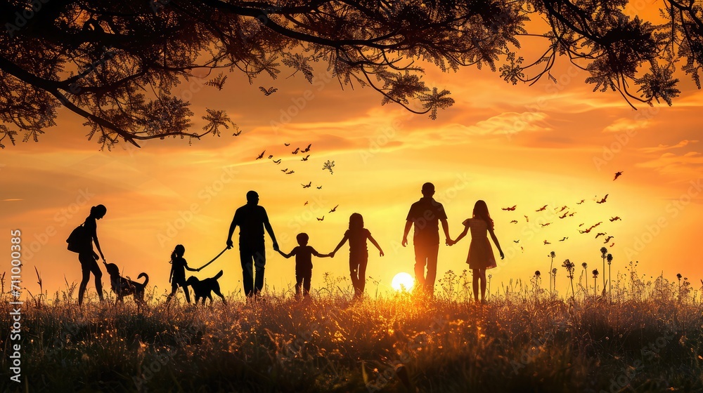 people in the park. silhouette of a big happy family on a walk with a dog at sunset in a field in nature. happy family kid dream lifestyle concept. big friendly family walk at sunset in the park - obrazy, fototapety, plakaty 