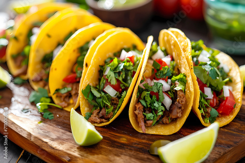 Tacos, a versatile and beloved Mexican street food, feature soft or crispy tortillas filled with an array of flavorful ingredients such as seasoned meats, fresh vegetables, creamy sauces, and toppings photo