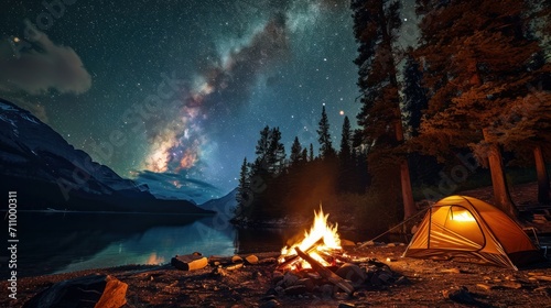 Camping under stars with bonfire and tent in Banff National Park photo