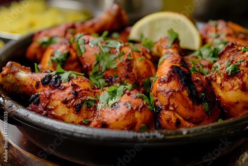 Tandoori chicken, a delectable Indian dish, features marinated chicken infused with a harmonious blend of yogurt, spices, and herbs, then traditionally cooked in a tandoor