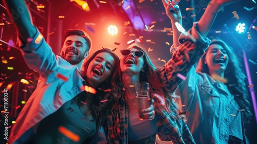 Nice attractive stylish cheerful cheery positive carefree guys ladies having fun hanging out best summer year student festive in new cool bar modern place indoors