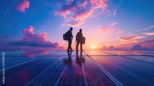 Silhouette engineers walking on roof inspect and check solar cell panel by hold equipment box ,radio communication, solar cell is smart grid ecology energy sunlight alternative power factory concept