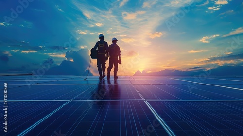 Silhouette engineers walking on roof inspect and check solar cell panel by hold equipment box ,radio communication, solar cell is smart grid ecology energy sunlight alternative power factory concept photo