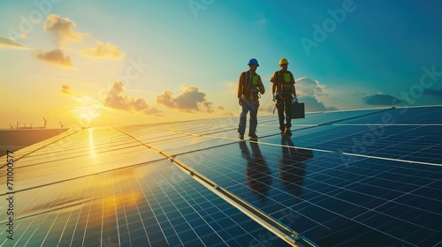 Silhouette engineers walking on roof inspect and check solar cell panel by hold equipment box ,radio communication, solar cell is smart grid ecology energy sunlight alternative power factory concept
