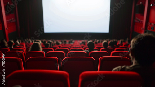 Cinema blank screen and people in red chairs in the cinema hall. Generative Ai