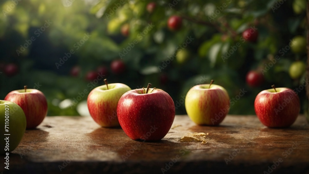 Ripe red and green apples on wooden table in apple orchard Ripe red and green apples on wooden table in apple orchard