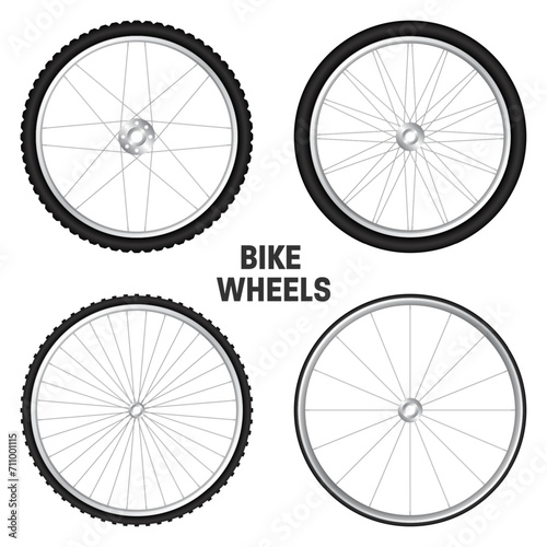 Realistic 3d bicycle wheels. Bike rubber tyres, shiny metal spokes and rims. Fitness cycle, touring, sport, road and mountain bike. Vector illustration
