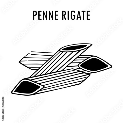 Penne rigate doodle food illustration. Hand drawn graphic print of pennette type of pasta. Vector line art element of Italian cuisine