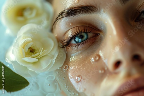Close up of a woman's face with flowers in the background. Suitable for various uses #711001197