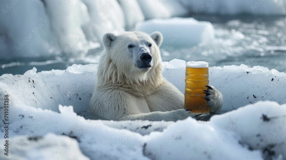 polar bear takes a cold bath with a glass of beer amidst melting glaciers, an environmental issue with global warming polar bear takes a cold bath with a glass of beer amidst melting glaciers, an environmental issue with global warming