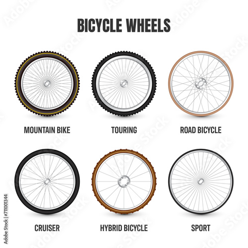 Realistic 3d retro bicycle wheels. Vintage bike rubber tyres, shiny metal spokes and rims. Fitness cycle, touring, sport, road and mountain bike. Vector illustration