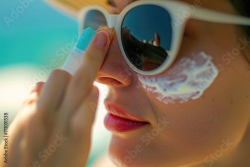 Woman in sunglasses applying sunscreen on her face. Ideal for skincare and sun protection concepts photo