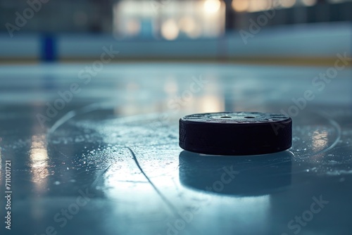 A hockey puck resting on the surface of an ice rink. Suitable for sports-related projects and designs
