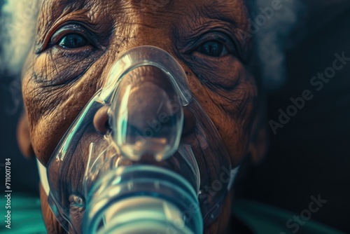 An elderly woman wearing an oxygen mask for respiratory support. Suitable for medical and healthcare concepts photo