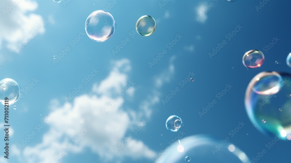 Generative AI image of a blue sky with some large bubbles and some small bubbles.