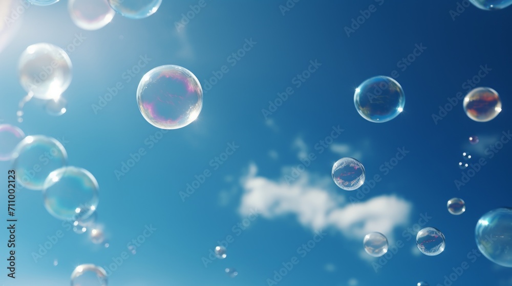 Generative AI image of a blue sky with some large bubbles and some small bubbles.