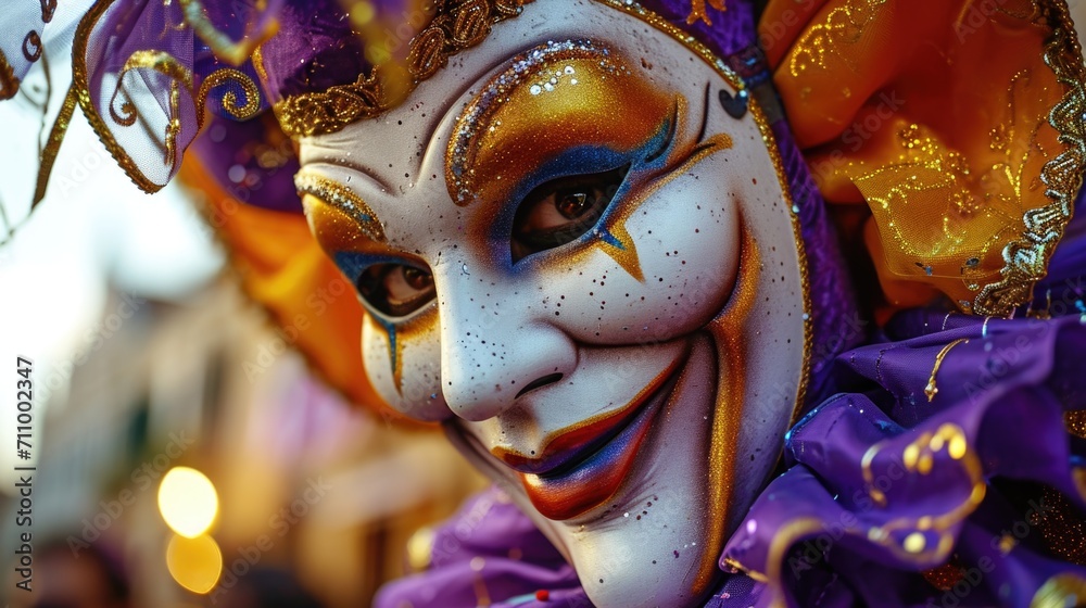 A close up of a person wearing a carnival mask. Perfect for adding a touch of mystery and intrigue to your designs