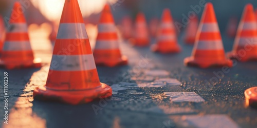 Orange and white cones arranged on a road, suitable for traffic control or construction purposes photo