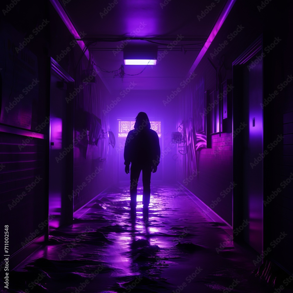 Generative AI image of The purple neon sign in the hallway, silhouette photography