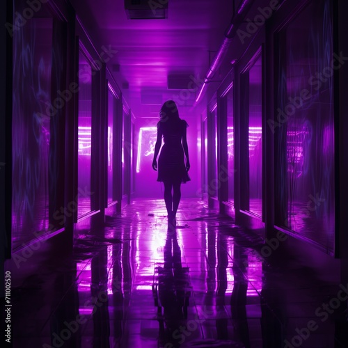 Generative AI image of The purple neon sign in the hallway  silhouette photography