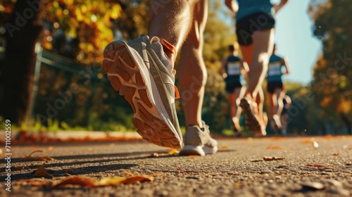 A group of people running together on a road. This image can be used to depict fitness, teamwork, or a race event